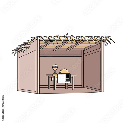 A simple illustration of a sukkah, a temporary dwelling with a thatched roof, set up for a meal with a table, covered dish, and goblet.
