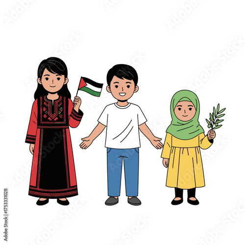 Three diverse cartoon children, a girl in traditional Palestinian dress with a flag, a boy, and a girl in hijab holding an olive branch, symbolizing peace and heritage.