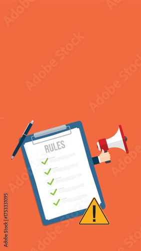 Rules, clipboard with regulations, policy and guideline for employee or users to follow, legal term, corporate compliance or laws, standard.	