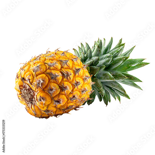 Vibrant, ripe pineapple with textured skin and lush green leaves, a tropical delight for any culinary or design project.