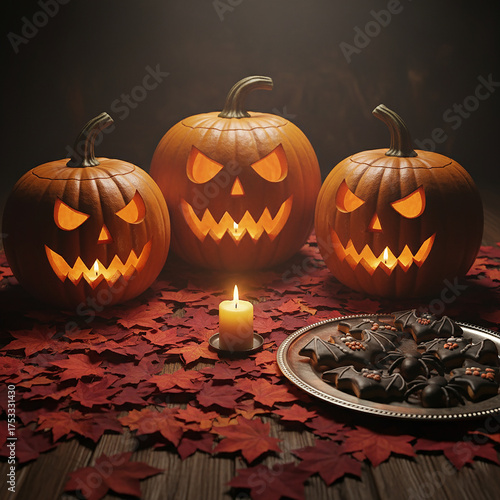 Tre Jack-o'-lantern minacciose illuminate da candele, con biscotti a forma di pipistrello e ragno, circondate da foglie d'acero rosse.