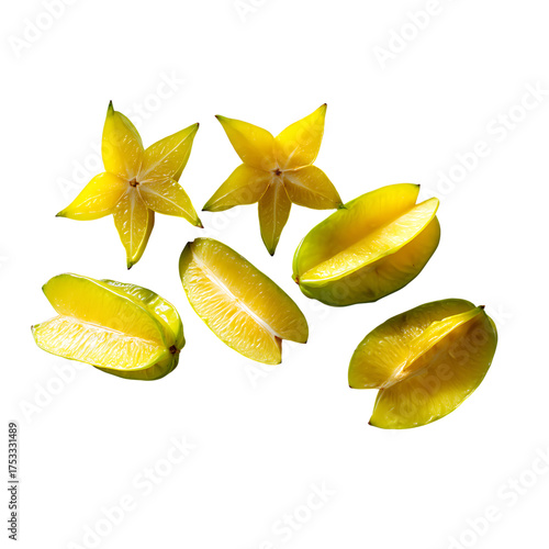 Fresh star fruit slices, vibrant yellow tropical fruit perfect for healthy eating, culinary projects, and refreshing drinks