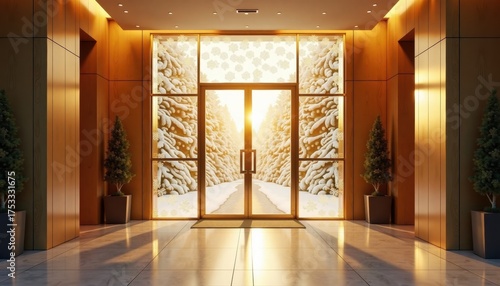 Modern lobby entrance with glass doors and winter scenery outside  