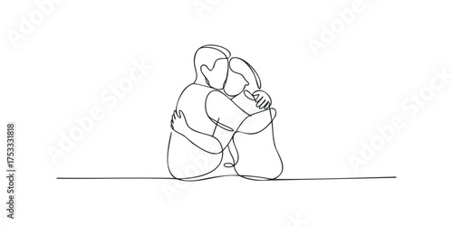 Couple hugging with continuous line drawing style