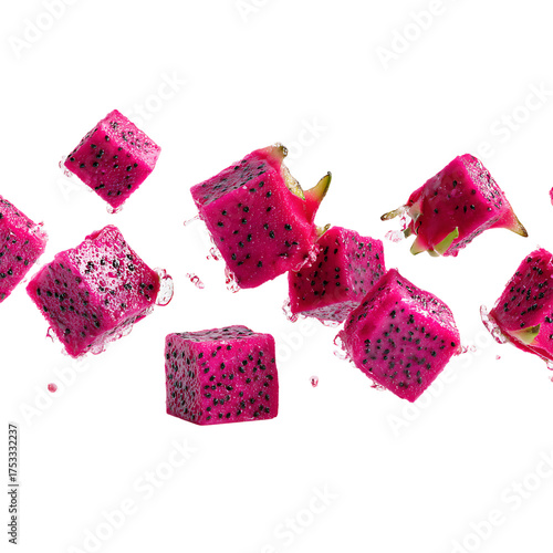 Vibrant dragon fruit cubes bursting with freshness against a dynamic black backdrop, perfect for healthy eating and exotic cuisine projects