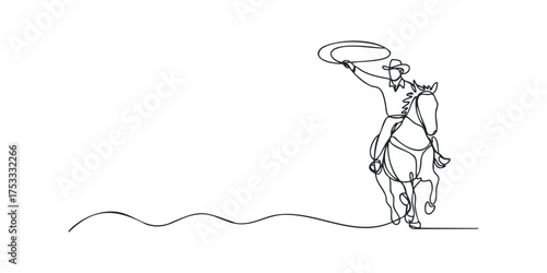 Cowboy on horse with lasso in continuous line drawing style