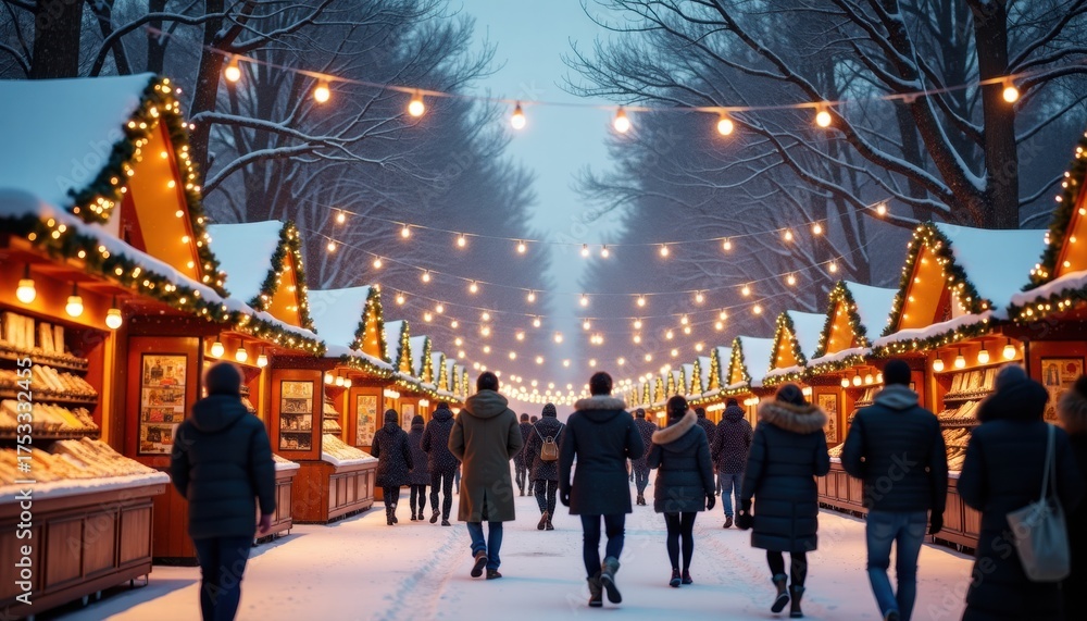 Obraz premium People strolling through winter market decorated with lights 