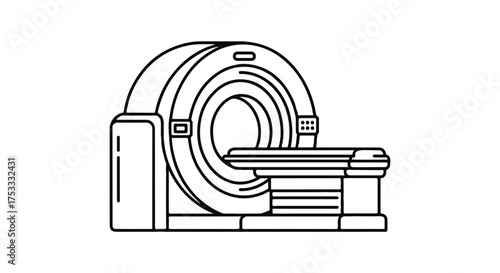 A line drawing of a CT scanner with a sleek, modern design and a flat, hospital-style bed, set against a clean white background with a technical and medical mood.