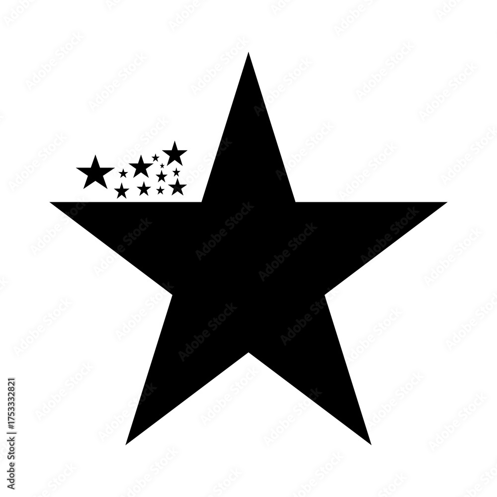 Fototapeta premium Black star icon with five small stars, minimalist vector symbol on white background