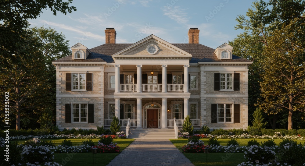 Fototapeta premium Grand estate architecture exterior view elegant mansion exterior architectural design