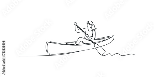 Woman paddling canoe in abstract single line stroke
