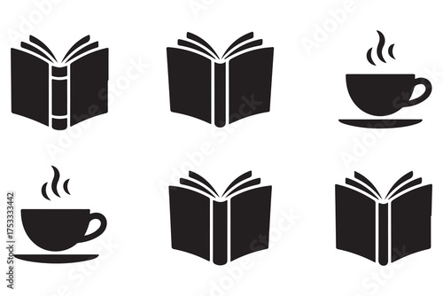 Coffee and book silhouette icon set isolated on white background
