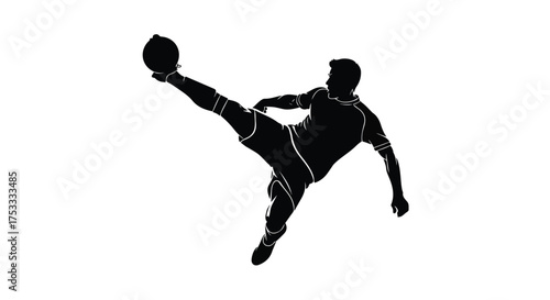 Dynamic soccer player silhouette performing an acrobatic overhead kick with a ball, isolated. Athletic sports action and movement.