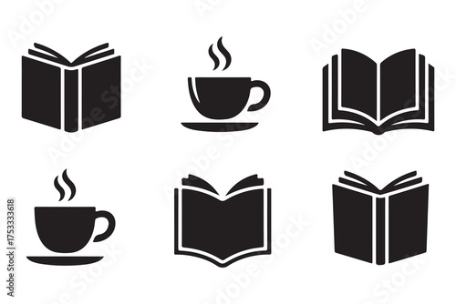 Coffee and book silhouette icon set isolated on white background
