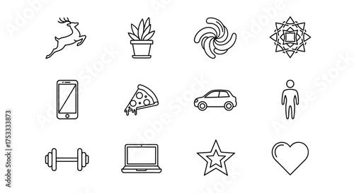 Collection of minimalist black and white line art icons depicting various common objects.