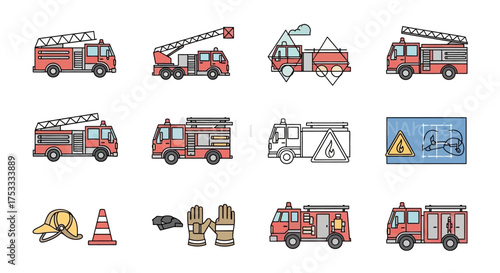 A set of flat design icons showing various fire trucks, a firefighter's helmet, gloves, and a traffic cone.