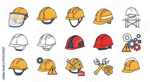 Illustration of various construction hard hats and safety helmets, some with tools, gears, and warning signs, on a white background.