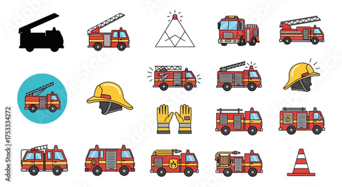 A collection of colorful vector icons depicting fire trucks, helmets, gloves, and other firefighting equipment.