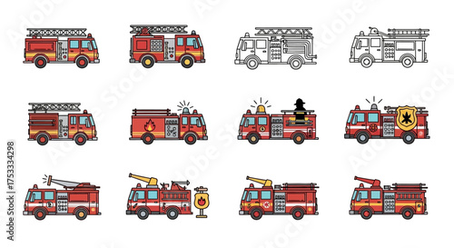 A diverse collection of twelve flat design fire truck illustrations, showcasing different emergency vehicle models and styles, including colored and outline ...