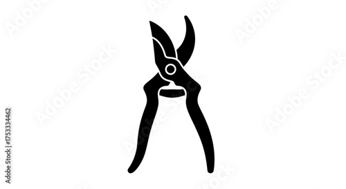 A black and white illustration of a pruning shear tool, ready for use.