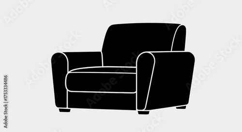 A simple, black silhouette of a comfortable armchair against a light gray backdrop.
