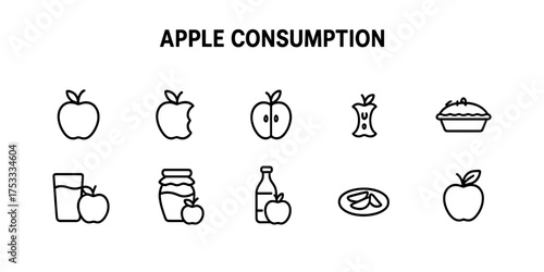 Set of black line icons depicting various forms of apple consumption