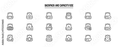 Set of minimalistic line icons depicting backpacks with various symbols for capacities and uses