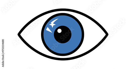 A stylized illustration of a human eye, featuring a blue iris and a black pupil.