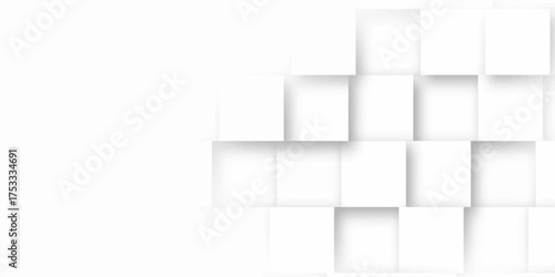 Random shifted white cube boxes block background wallpaper banner with copy space. Modern Abstract White texture cube box wall room,3D Rendering .