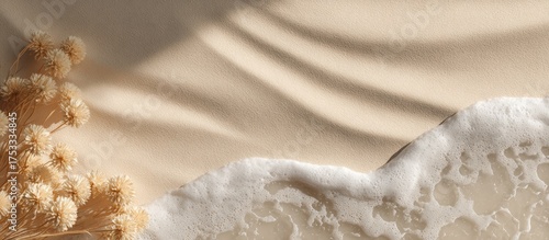 Beige scene featuring dried flowers, shadows, and foamy white texture