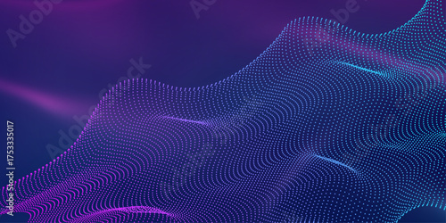 Wave of musical sounds. Abstract background with interweaving of dots and lines. 3D rendering. Lights background. Colored music wave. Big data digital code.  Digital background. 3d rendering.