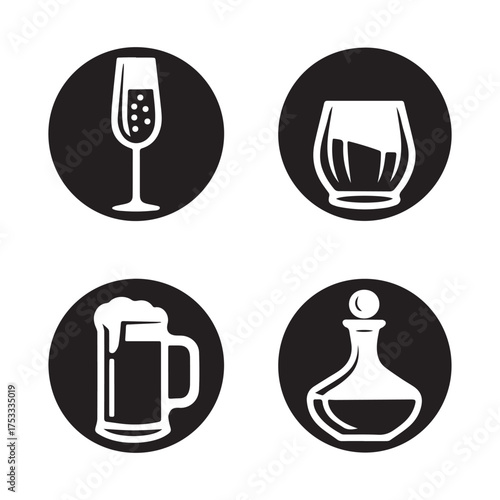 Modern bar and drink icon pack with wine whiskey and cocktail glass