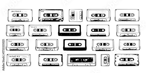 Cartoon vintage music tape, retro style cassettes. Stereo mix, analogue player old tape, 80s tape record flat vector symbols illustration collection. Audio 90s music cassette set