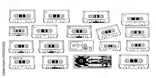 Cartoon vintage music tape, retro style cassettes. Stereo mix, analogue player old tape, 80s tape record flat vector symbols illustration collection. Audio 90s music cassette set