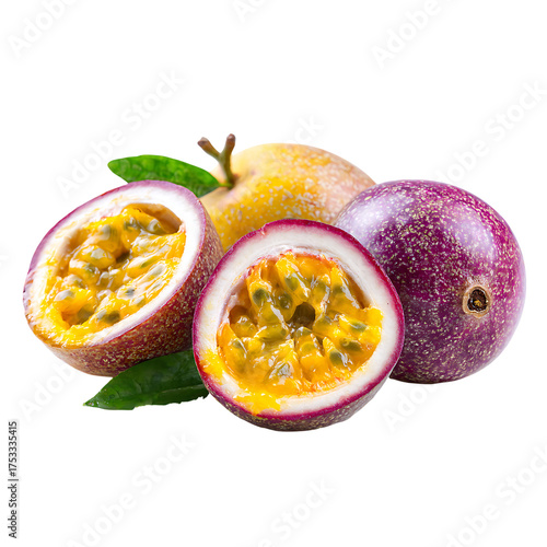 Vibrant passion fruit arrangement, showcasing the exotic textures and juicy pulp, perfect for culinary and design projects