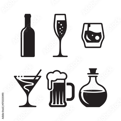 Drink glass and bottle silhouette collection vector illustration