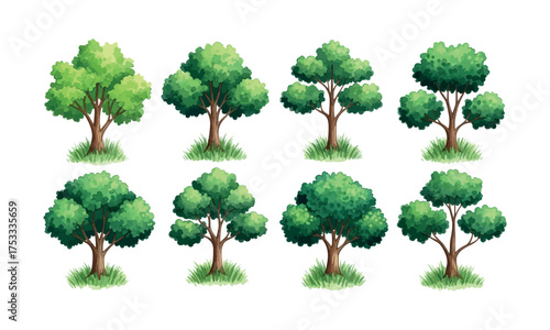 Collection of eight lush green leafy trees in different shapes and sizes for nature and landscape design projects