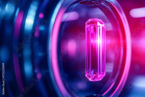 Vibrant crystal suspended in futuristic gadget, surrounded by glowing rings and colorful lights, creates captivating visual experience