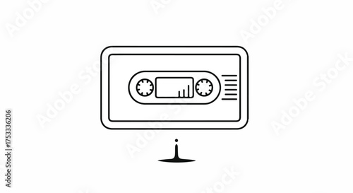 A simple line drawing of a cassette tape on a stand against a plain white background with a minimalist style.
