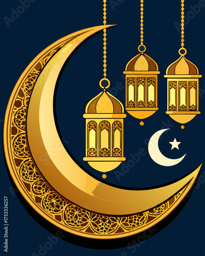 Elegant Ramadan Mubarak Greeting with Golden Crescent Moon and Lanterns.