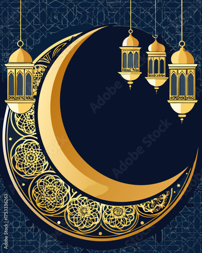 Elegant Ramadan Mubarak Greeting with Golden Crescent Moon and Lanterns.