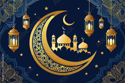 Elegant Ramadan Mubarak Greeting with Golden Crescent Moon and Lanterns.