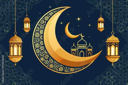 Elegant Ramadan Mubarak Greeting with Golden Crescent Moon and Lanterns.