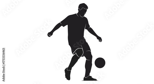Soccer player silhouette dribbling ball. Football athlete training. Minimalist vector illustration for sports design.