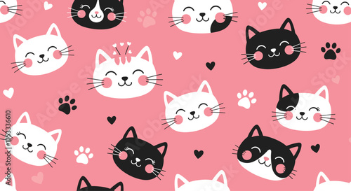 A delightful pattern featuring a variety of adorable cartoon kittens in different colors and expressions.