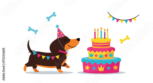 A happy dachshund wearing a party hat and a colorful garland walks towards a festive birthday cake.