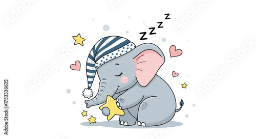 A cute sleepy baby elephant wearing a striped sleeping cap holding a star.