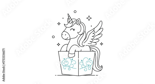 Cute unicorn with wings coming out of a box with swirls and stars. A whimsical and magical illustration for fantasy lovers.
