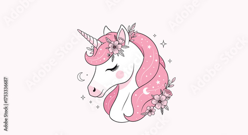A dreamy pink unicorn adorned with flowers and celestial elements gazes softly.
