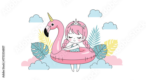 Cute princess floating on a pink flamingo with tropical leaves.